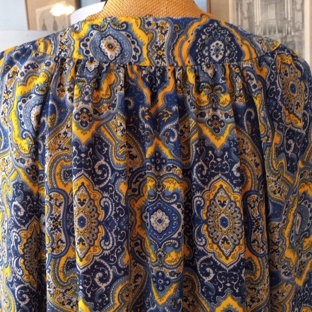 Ann Taylor Navy Mustard Yellow Paisley Boho Blouse Petite Small - Picture 6 of 13